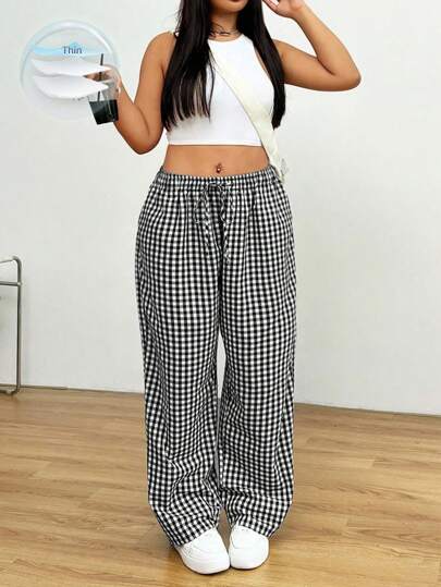 GalTyme Plus Size Casual Loose Plaid Elastic Waist Wide-Leg Pants
