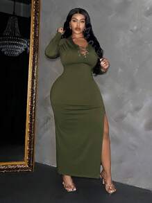Slaydiva Elegant & Casual Basic Tight-Fitted Solid Color V-Neck Tie Knot Hem High-Slit Long Sleeve Dress, Plus Size Women, Spring/Autumn - Army Green - View 6
