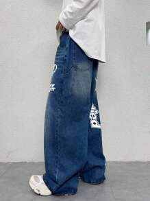 Claim Dot Jeans de mezclilla casuales con estampado de letras en el bolsillo para uso diario de hombres - Azul - View 3