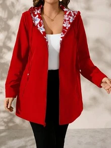 SHEIN Clasi 大码女式秋季双面花卉印花长袖连帽夹克 - 酒紅色 - 查看 5