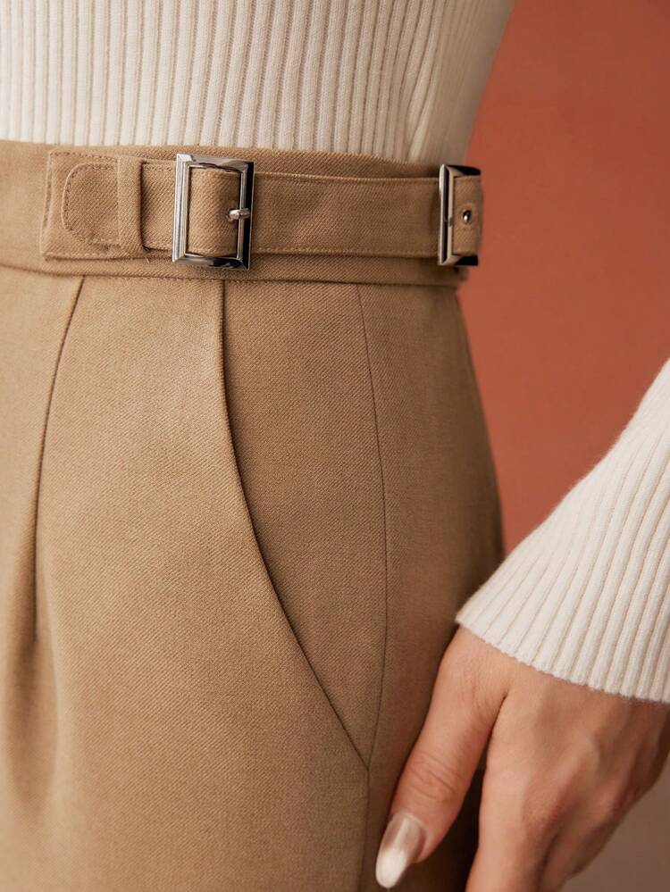 SOLID BUCKLE WAIST SLANT POCKET SUIT PANTS