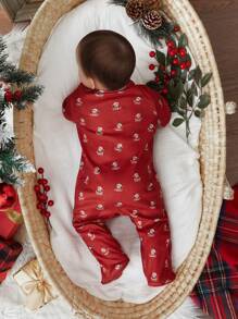 Cozy Pixies Bộ đồ ngủ liền thân dài tay cổ tròn dệt kim mềm mại họa tiết Giáng sinh cho bé gái - Đỏ - Xem 2