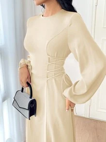 Modelyn 勃艮第红色女士纯色简约日常长袖连衣裙派对优雅晚会长袖长裙长款晚礼服 - 米色 - 查看 4