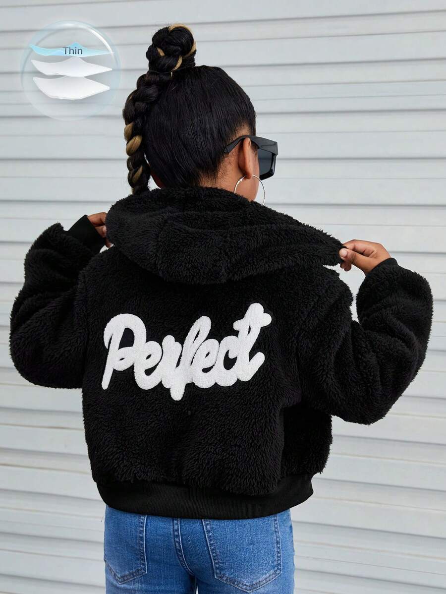 SHEIN Tween Girl Letter Graphic Drop Shoulder Hooded Teddy Jacket,In Fall/Winter - Black - View 1