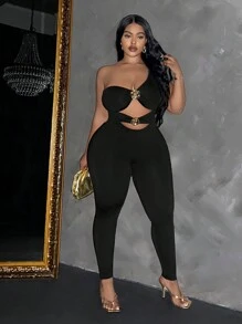 Slaydiva Mono de talla grande con unicolor, cuello asimétrico, ajustado, sexy y sin mangas - Negro - Ver 2
