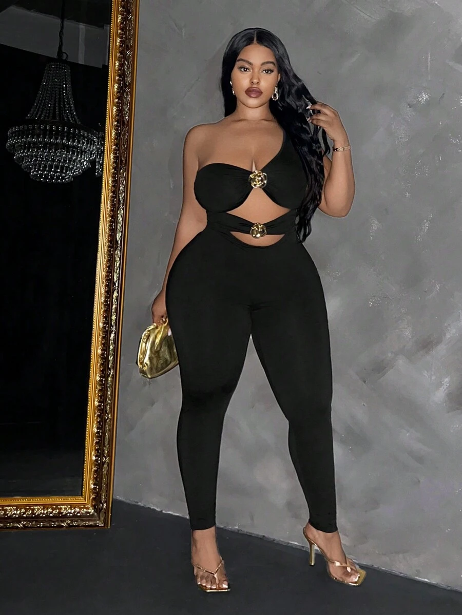 Slaydiva جمبسوت ضيقة بدون أكمام، بلون أحادي، بياقة غير متماثلة، وتصميم مثير وخال من الأكمام، مناسبة للمقاسات الكبيرة