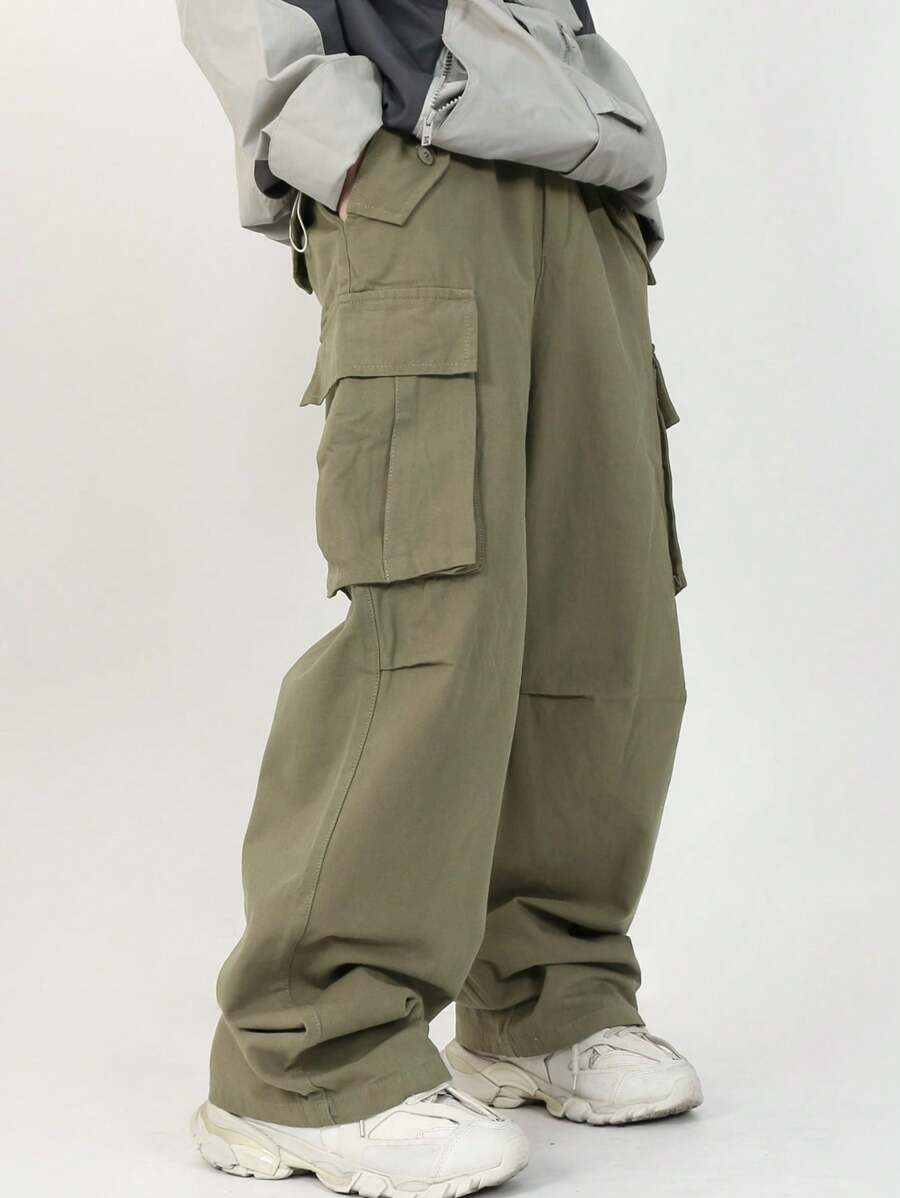 Manfinity Hypemode Loose Fit Men Flap Pocket Side Drawstring Waist Cargo Pants - Army Green - View 1