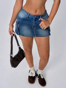 SHEIN ICON Váy denim mini gợi cảm thêu hình bướm có túi bó - Rửa trung bình - Xem 4