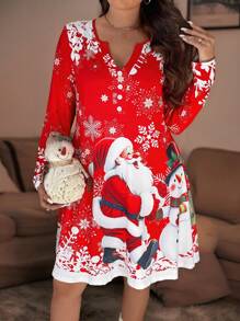 SHEIN LUNE Đầm thường ngày dài tay chữ A họa tiết ông già Noel cỡ lớn cổ chữ V trang trí nút - Nhiều màu - Xem 9