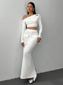 Aloruh Women's High Waist Maxi White Mermaid Skirt, Stylish For Commuting, Autumn/Winter