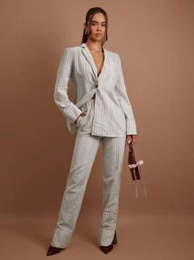 COSMINA 2 Pieces Women Casual Striped Lapel Neck Long Sleeve Jacket And Pants Set For Autumn