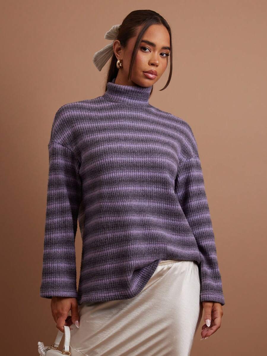 COSMINA Women Casual Striped Loose High Neck Long Sleeve T-Shirt, Autumn - Multicolor - View 1