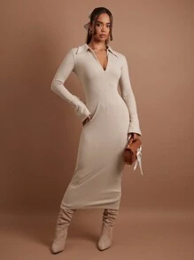 COSMINA Women's Casual Solid Color Slim Fit Long Dress, Autumn