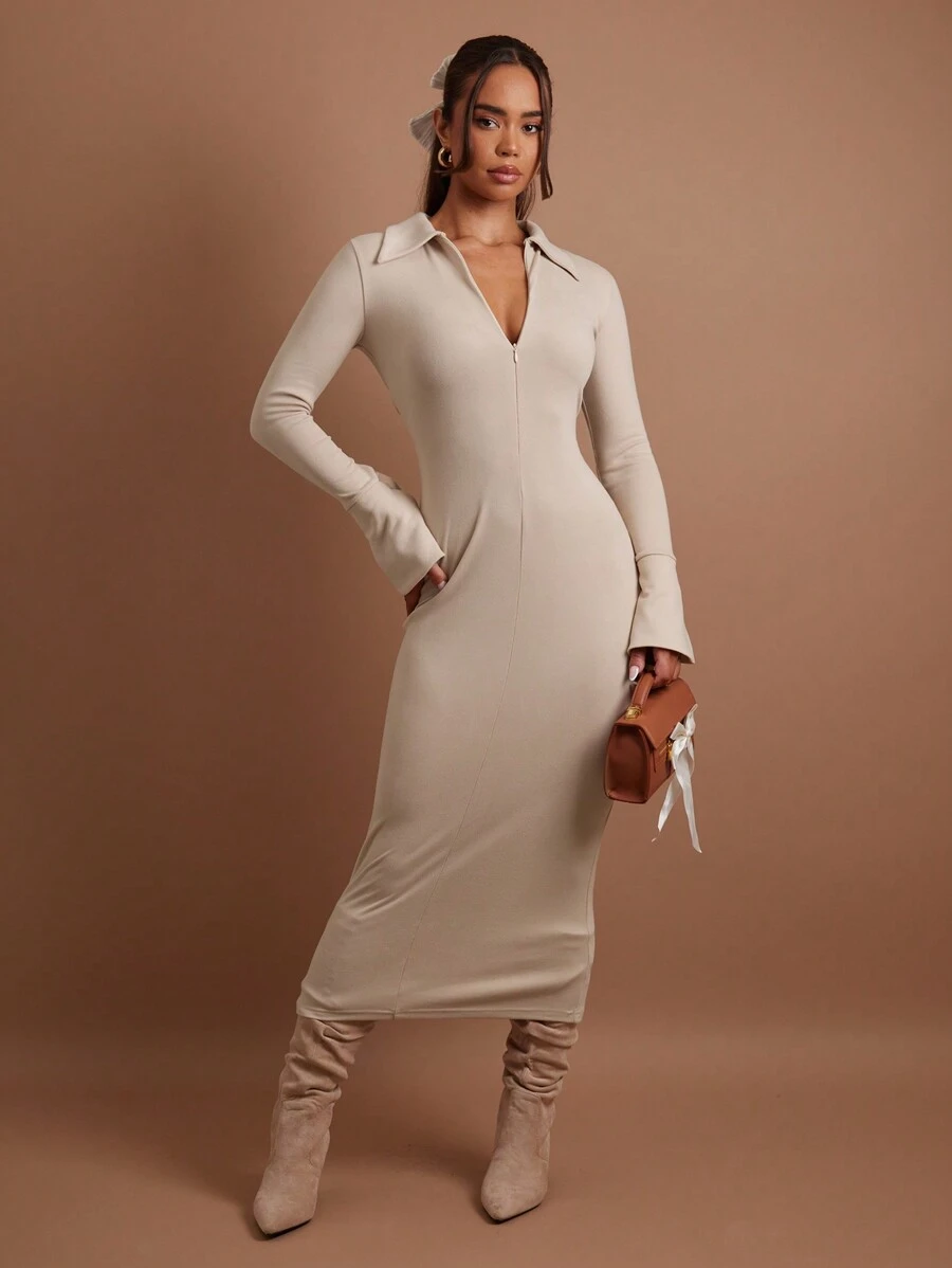 COSMINA Women's Casual Solid Color Slim Fit Long Dress, Autumn