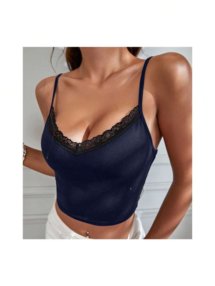 SHEIN LUNE 女士蕾丝拼布细肩带休闲上衣 - 藏蓝色 - 查看 1