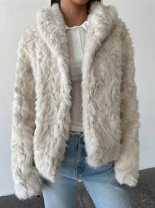 Aloruh Minimalist Commuter Notched Collar Long Sleeve Short Fit Textured Faux Fur Jacket, Autumn/Winter - Apricot - View 8