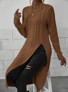 SHEIN LUNE 纯色立领开衩休闲套头针织毛衣，秋冬款 - 棕色 - 查看 3