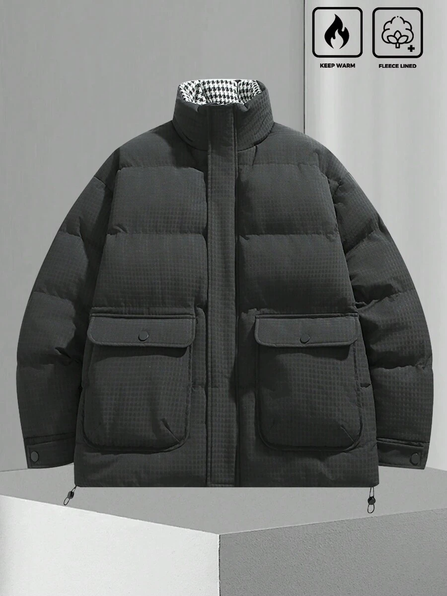 Manfinity Homme Men Flap Pocket Drawstring Hem Outdoor Windbreaker Padded Coat - Black - View 1