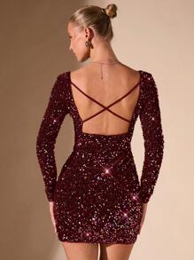 SHEIN BAE Black Solid Color Party Sexy Outfit/Date Night/Bachelorette Party/Musical Costume/Cocktail Short Dress/Halloween Dress/Gorgeous And Exquisite Colorful Night Glitter Sequined Square Neck Backless Cross Strap Mini Dress/Black Homecoming Dress/Club Women Outfits/ Velvet Sequined Dress
