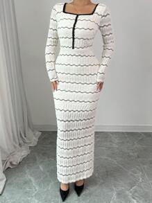 Modelyn 1 Peça Vestido Longo Elegante de Malha Jacquard em Bloco de Cor Abricó para Mulheres, Conjunto Longo de Vestidos de Noite para Mulheres - Damasco - Visão 6