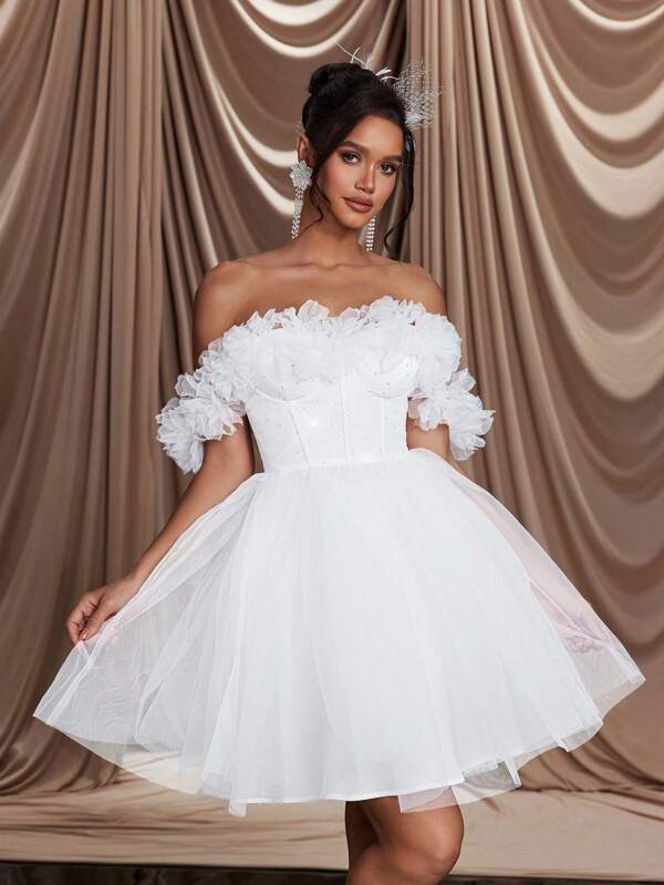 SHEIN Belle Romantic, Elegant & Luxury White Rhinestone Net Tulle 3D Floral Decor Mini Dress, Wedding Party Guest Dress, Bridal Shower Dress, Little White Dress,Bride