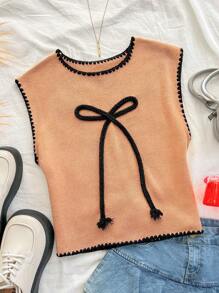 Soleia Blusa de punto acanalado informal con patrón de lazo, otoño/invierno - Caqui - Ver 1