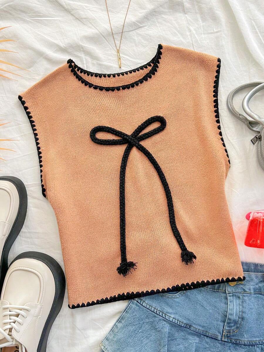 Soleia Blusa de punto acanalado informal con patrón de lazo, otoño/invierno - Caqui - Ver 1
