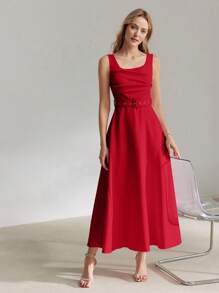 MOTF PREMIUM SOLID RUCHED BODICE FLARE HEM BUCKLE BELTED LONG DRESS - Red - View 7