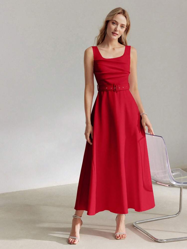 SOLID RUCHED BODICE FLARE HEM BUCKLE BELTED LONG DRESS