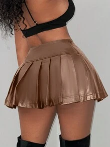 Slaydiva 女式超短 PU 褶皱迷你裙 - 摩卡棕 - 查看 2