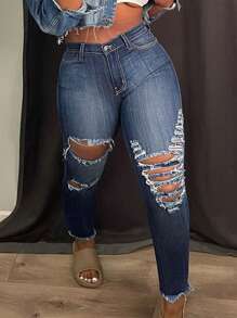大码女式破洞休闲修身紧身牛仔裤