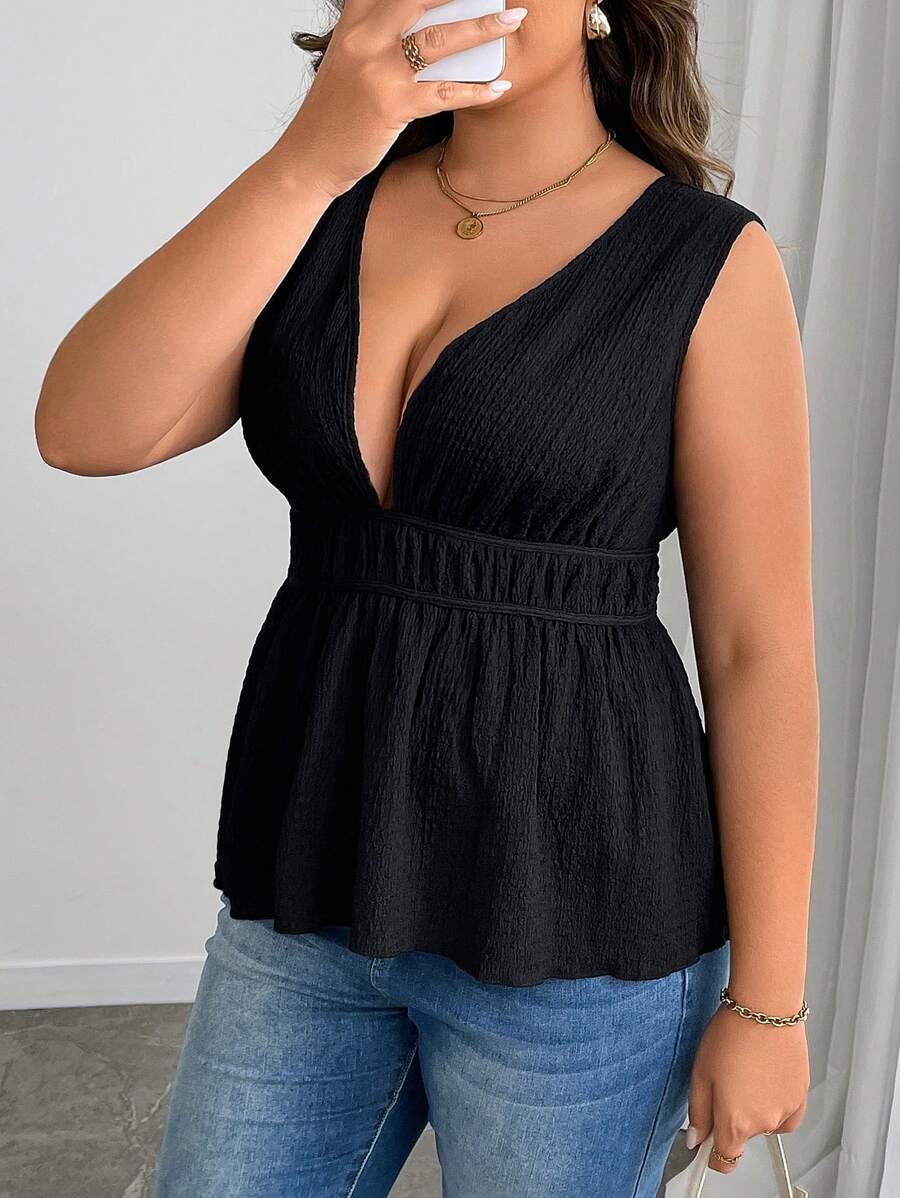 INAWLY Plus Size Textured Deep V-Neck Ruffle Hem Cami Shell Top, Summer - Black - View 1