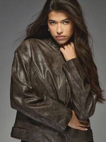 MISSGUIDED 优质做旧皮革机车夹克拉链前秋冬外套双拉链口袋军装作战风格 - 摩卡棕 - 查看 5