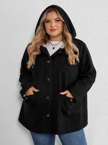 SHEIN CURVE+ Curve Plus 双口袋 正面纽扣 连帽 泰迪熊 内衬 大衣 - 黑與白 - 查看 5