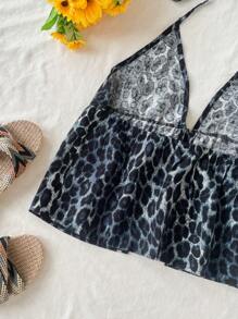 Soleia Casual Halter Leopard Print Backless Tank Top - Light Grey - View 7