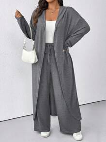 SHEIN LUNE 2 pièces Ensemble assorti casual pour femmes grandes tailles, veste cardigan à manches longues et ouverture devant et pantalon avec ceinture à la taille, automne - Gris foncé - Voir 3