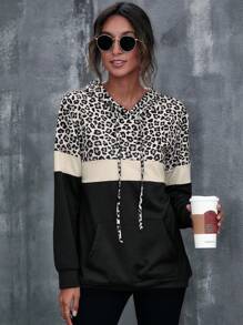 SHEIN PETITE Women's Casual Leopard Print Contrast Color Kangaroo Pocket Hoodie - Multicolor - View 4
