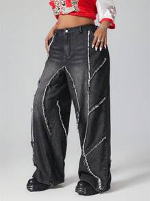 SHEIN ICON Plus Size Casual Frayed Edge Loose Fit Denim Jeans With Pockets - Grey - View 6