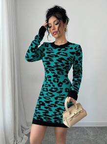 Elenzga Abito corto casual da donna con stampa leopardata, maniche lunghe e senza schienale con lacci - Verde - Visualizzare 5