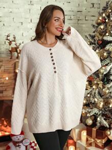 SHEIN LUNE 大码女式简约纯色复古圆领半开襟毛衣，饰有贝壳纽扣，修身长袖，优雅奢华，适合万圣节、新年、情人节、感恩节、圣诞节、复活节、舞会、除夕夜、圣诞派对、圣诞装饰等场合，秋冬季针织套头衫。 - 米色 - 查看 4