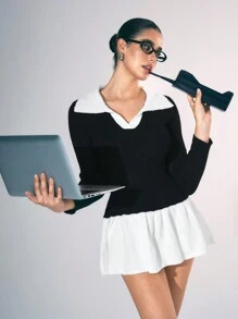 Flirla Robe pull nouvelle automne et hiver, robe simple casual avec col chemise contrastant et empiècement