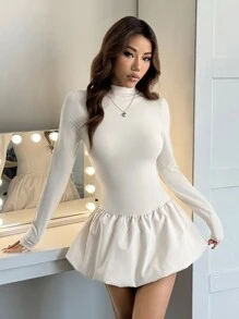 SHEIN EZwear 女式优雅纯色立领荷叶边修身迷你连衣裙，秋季 - 杏色 - 查看 5