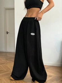 Coolane Women's Fall Winter Daily Wear Y2K Fashion Hip-Hop Streetwear Back To School Athleisure Elastic Waistband Basic Comfortable Patched With Pockets Black Extra Wide Leg Low Rise Baggy Pants