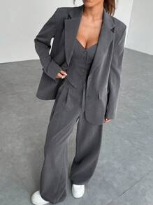 SHEIN EZwear 秋冬季女士纯色前开襟长袖口袋翻领上衣和裤子休闲套装（2件套） - 灰色 - 查看 3
