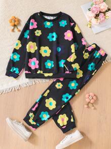 SHEIN Explorewe Teens Girls Vibrant Floral Allover Print Pullover Hoodie Set, Dopamine Color, Vacation - Black - View 3