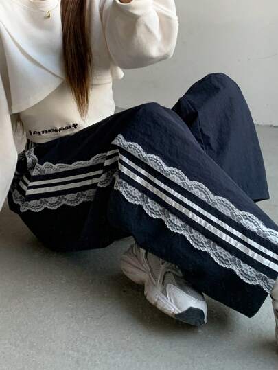 DAZY Women Fashion Casual Stripe Contrast Lace Sweatpants Women Joggers