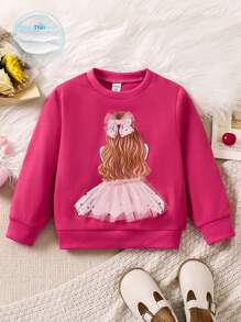 SHEIN Cô Gái Trẻ 1 Miếng Phong cách ngọt ngào Lưới Chất vải 3D Trang trí Áo nỉ Đối với Mùa thu Và Mùa Đông - Màu Hồng Tươi - Xem 1