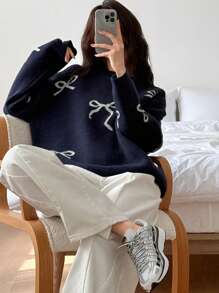 DAZY 女士休闲圆领宽松蝴蝶结针织毛衣，秋冬，秋季女装 - 藏蓝色 - 查看 7