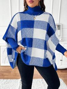 SHEIN Unity Plus Size Plaid High Neck Asymmetric Hem Casual Pullover Sweater, For Winter Knit Pullover Fall - Blue - View 4