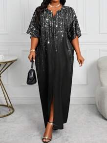 SHEIN Lady Váy Kaftan tay dài dệt kim màu đen thanh lịch cho mùa xuân và mùa thu và mùa đông cỡ lớn - màu đen - Xem 4